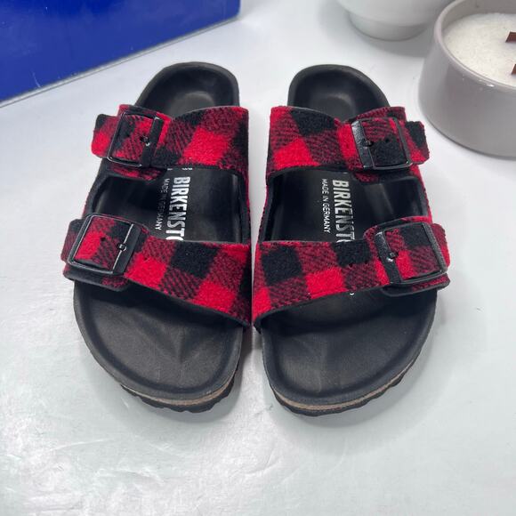 Birkenstock Arizona BS Buckle Sandal Red Black Checked Women 5/EU36 NWB Narrow - Picture 1 of 9